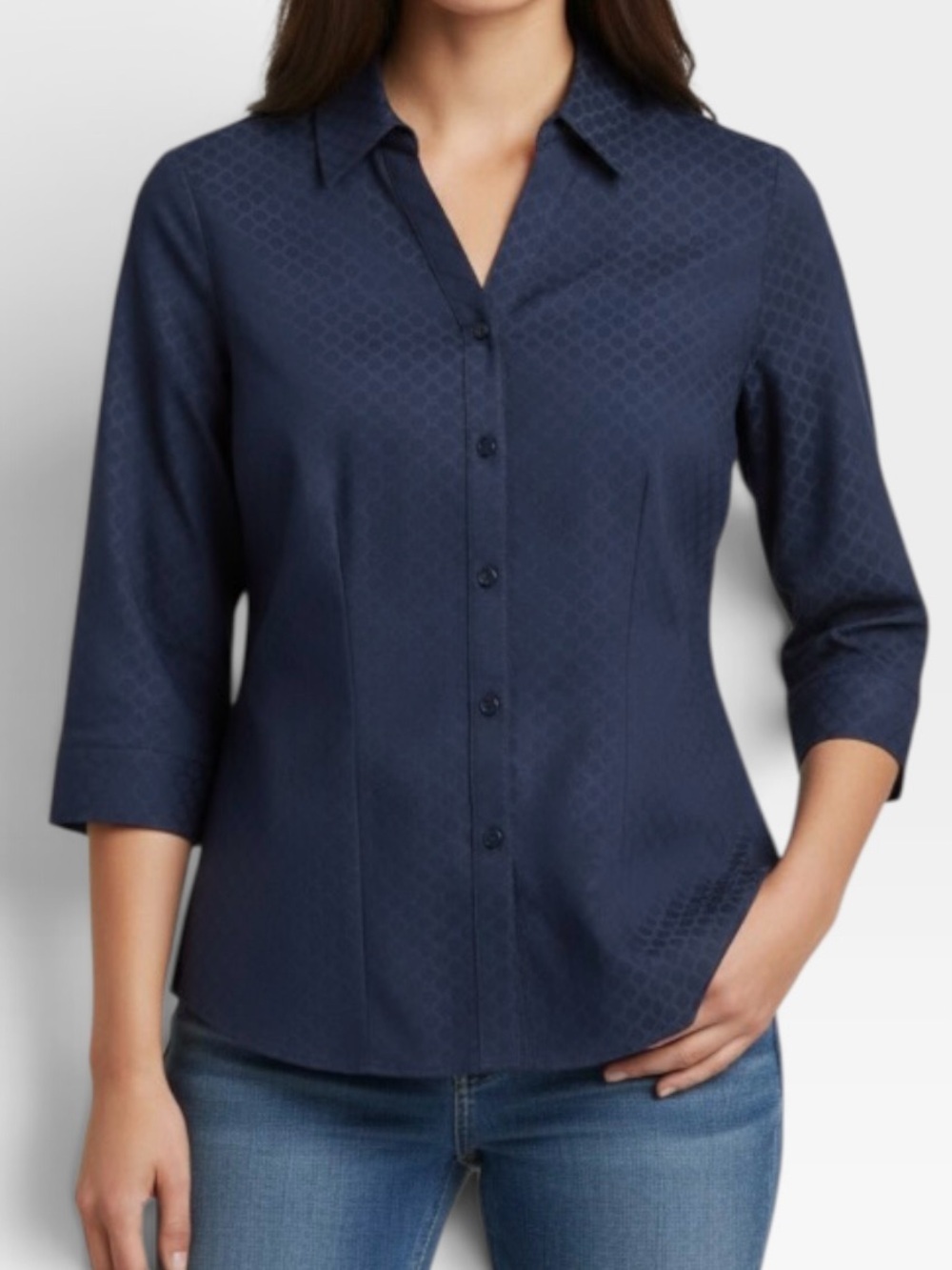 Chico's Button-Up Geo Jacquard Shirt Navy Small